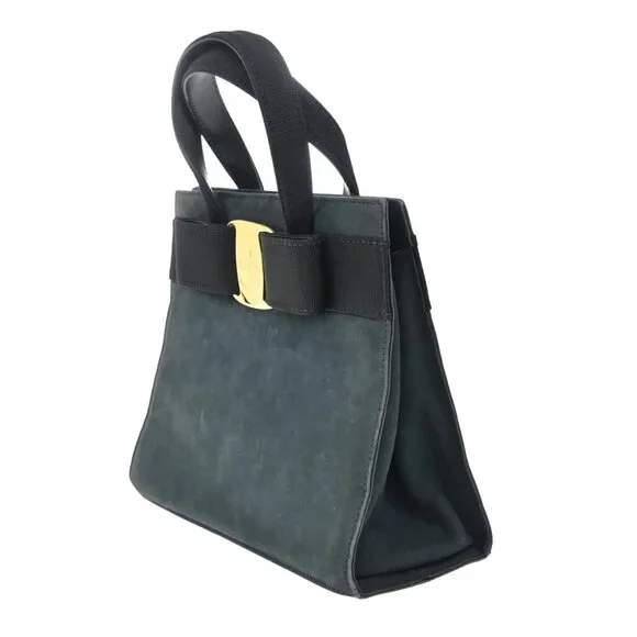 SALVATORE FERRAGAMO Vara Hand Bag Suede Leather Navy Blue Gold Italy 69KB383
